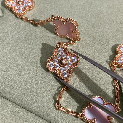 [Luna Brilliance]CLOVER 10 MOTIFS DIAMOND PINK MOP NECKLACE