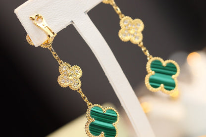 [Luna Brilliance]CLOVER EARRINGS GOLD MALACHITE DIAMOND 3 MOTIF