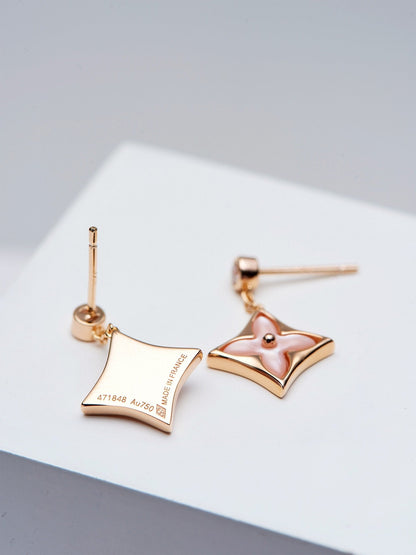 [Luna Brilliance]DOUBLE STAR PINK GOLD MOP DROP EARRINGS