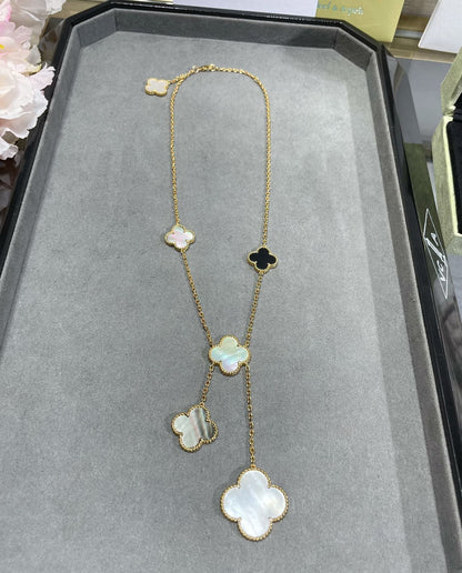 [Luna Brilliance]CLOVER 6 MOTIF MOP ONYX GOLD NECKLACE