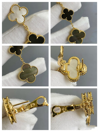 [Luna Brilliance]CLOVER 3 MOTIF MOP ONYX DARK MOP PINK GOLD EARRINGS