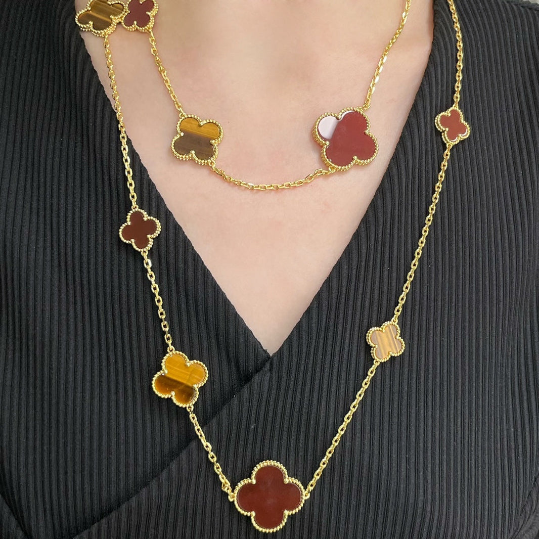 [Luna Brilliance]CLOVER 16 MOTIF CARNELIAN TIGER EYE ROSE GOLD NECKLACE
