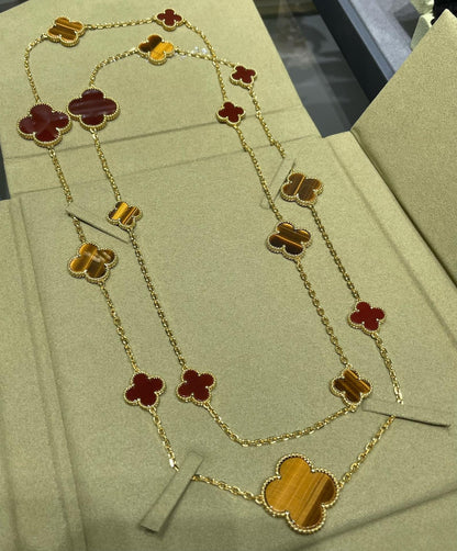 [Luna Brilliance]CLOVER 16 MOTIF CARNELIAN TIGER EYE ROSE GOLD NECKLACE