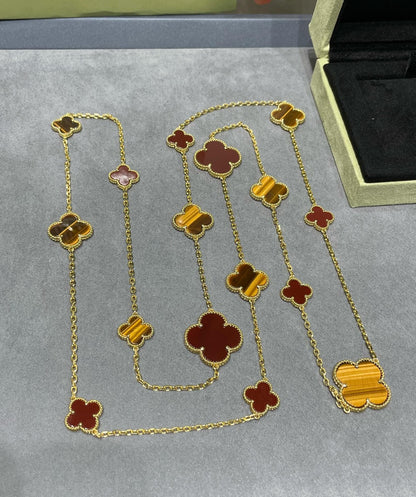 [Luna Brilliance]CLOVER 16 MOTIF CARNELIAN TIGER EYE ROSE GOLD NECKLACE