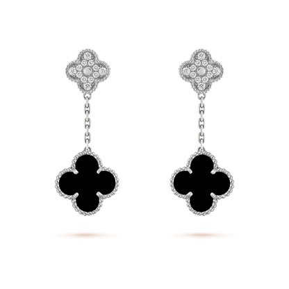 [Luna Brilliance]CLOVER 2 MOTIFS  DIAMOND ONYX EARRINGS SILVER