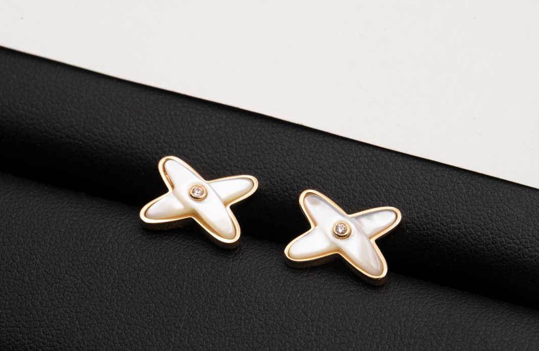 [Luna Brilliance]JEUX DE WHITE MOP ROSE GOLD DIAMOND EARRINGS