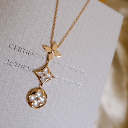 [Luna Brilliance]COLOR BLOSSOM LARIAT NECKLACE PINK GOLD WHITE MOTHER PEARL AND DIAMOND