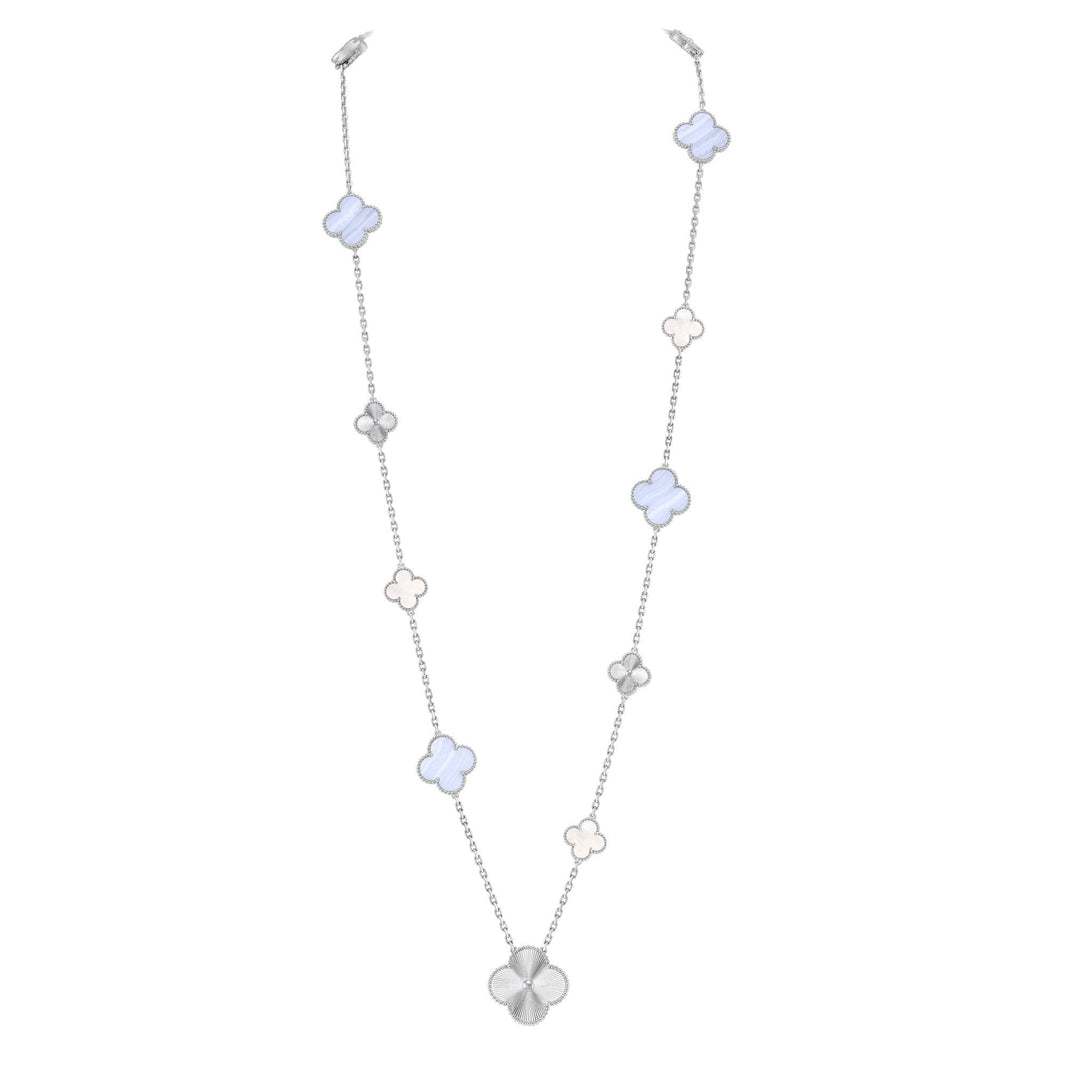 [Luna Brilliance]DETACHABLE CLOVER 15(11+4) FLOWER SILVER NECKLACE SET