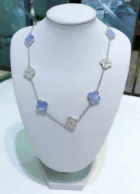 [Luna Brilliance]CLOVER 10 MOTIFS CHALCEDONY DIAMONDS SILVER NECKLACE